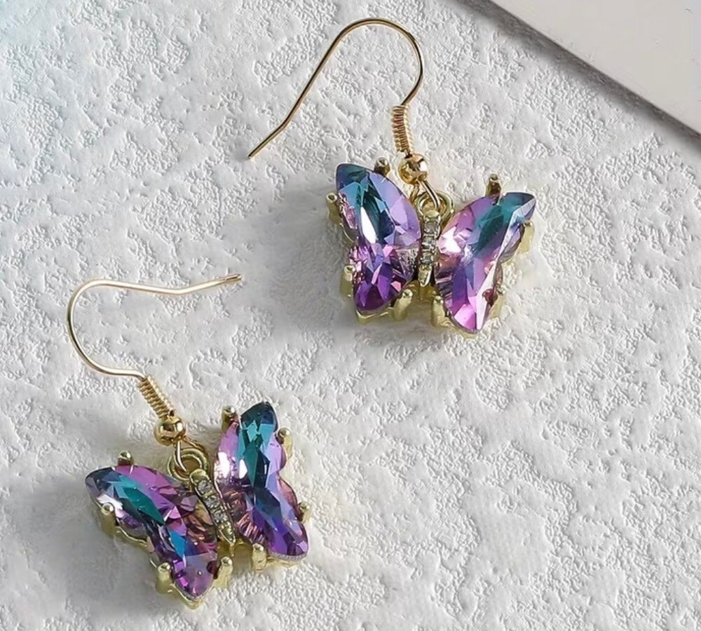 Iridescent Butterfly Dangle Earrings Purple Blue Crystal Rhinestones in Gold Ton